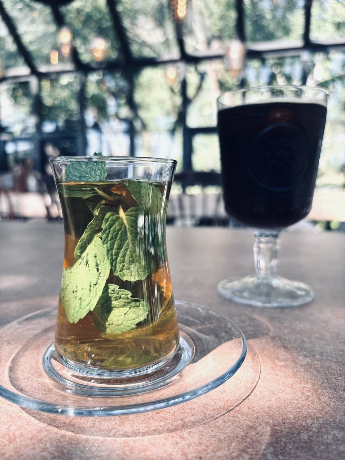 玻璃杯裡的香草茶與一杯深色飲品